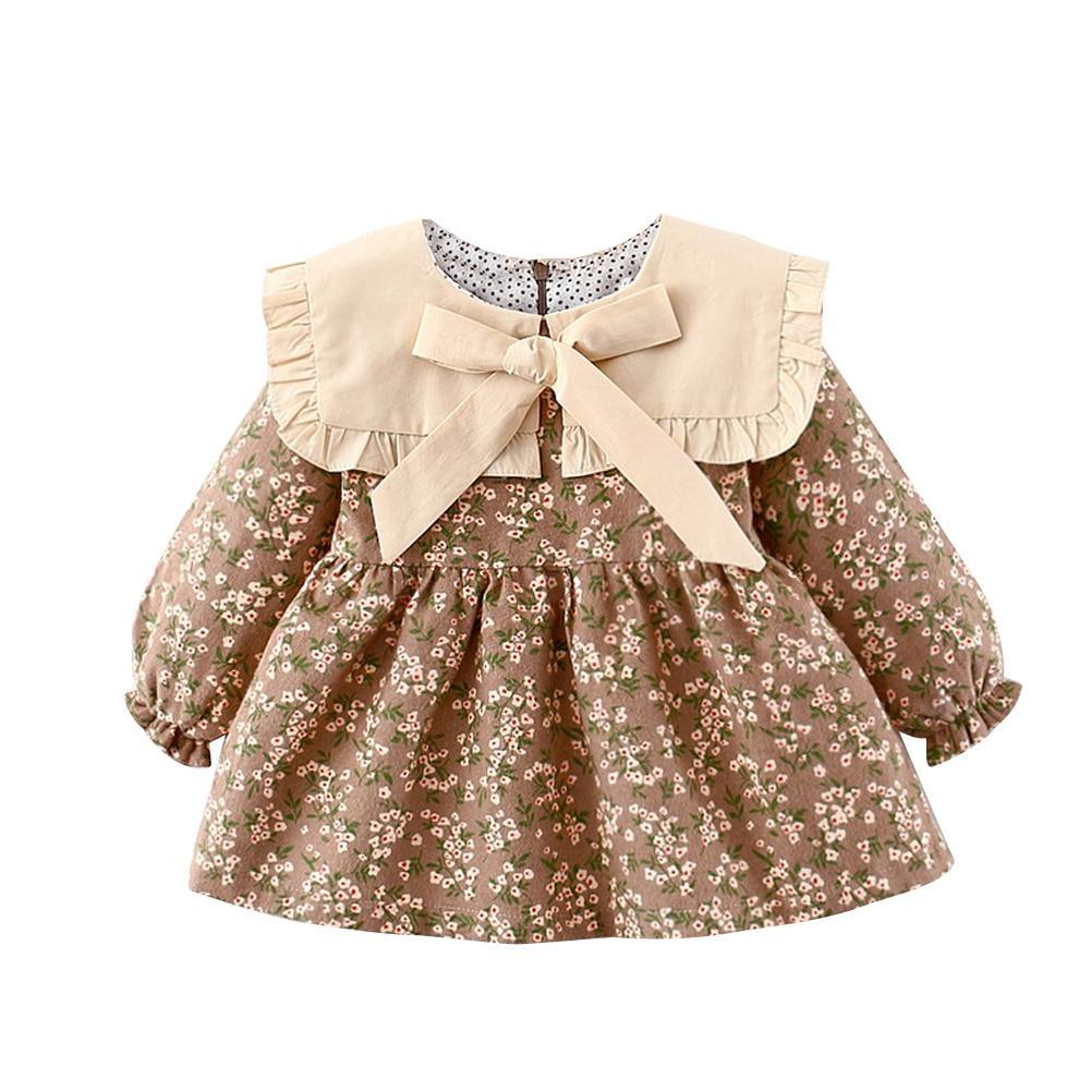 Modern Retro Girl Dress For Winter Newborn Infant Dress Fashion Cute Cotton Floral Bow baby Party Dress