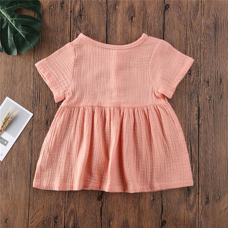 Kids Summer Cotton Linen Dress with Plain Short sleeve Party A-line dress For Small Girls 1-3 Years