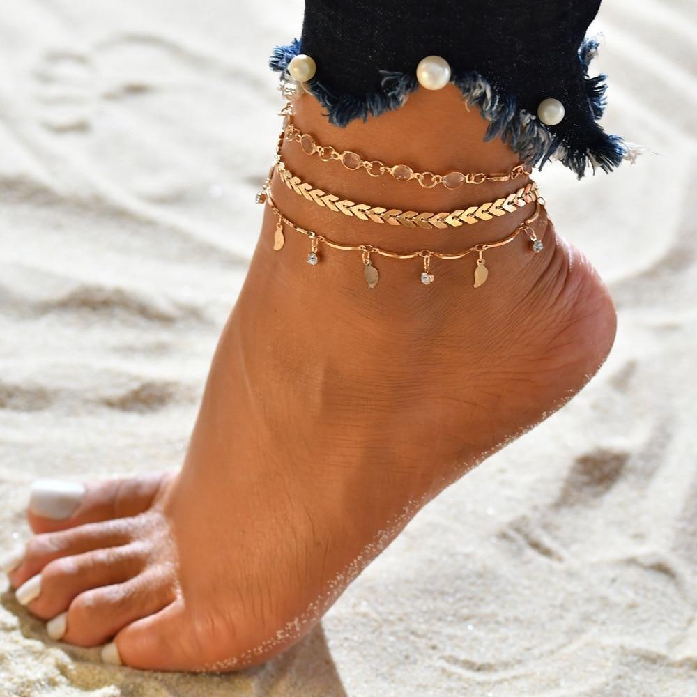 Gold Metal Shell Coconut Tree Female Anklets Barefoot Sandals Foot Summer Double Layers Foot Bracelets Leg Jewelry