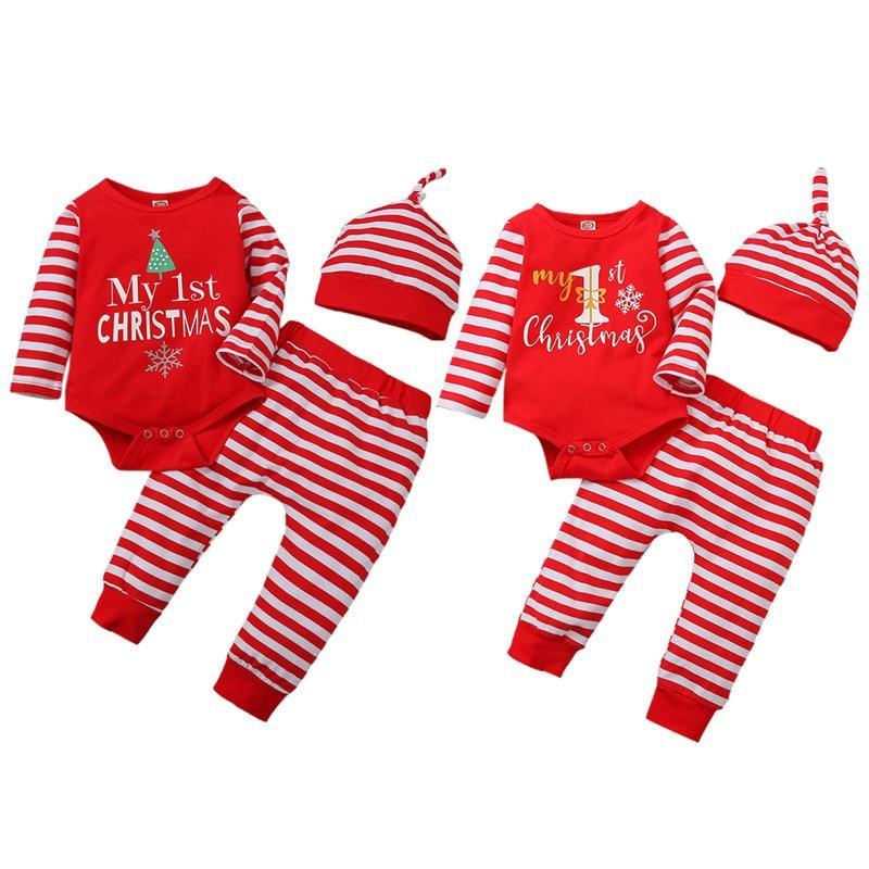 3PCS Romper Jumpsuits+Striped Pant Christmas Clothes Set Kids for Infant Boys/Girls In Christmas Printed Design