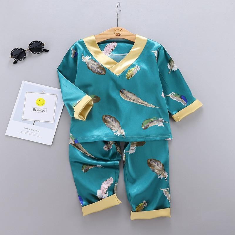 Luxury Modern Children's Pajamas Set Baby Suit Toddler Boys and Girls Ice Silk Satin Cartoon Printing Tops Pants Set Home Wear pajams for Kids