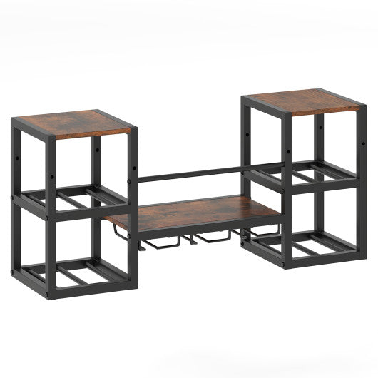 Heavy-duty Wall Mounted Wine Rack with Glass Holder Metal Frame 8-Bottle Holder-Rustic Brown