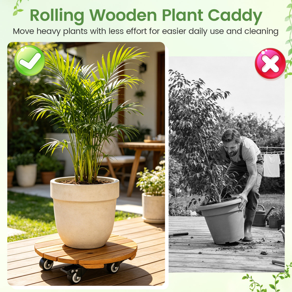 Heavy Duty Acacia Wood Rolling Plant Stand with 360° Lockable Casters-Set of 4