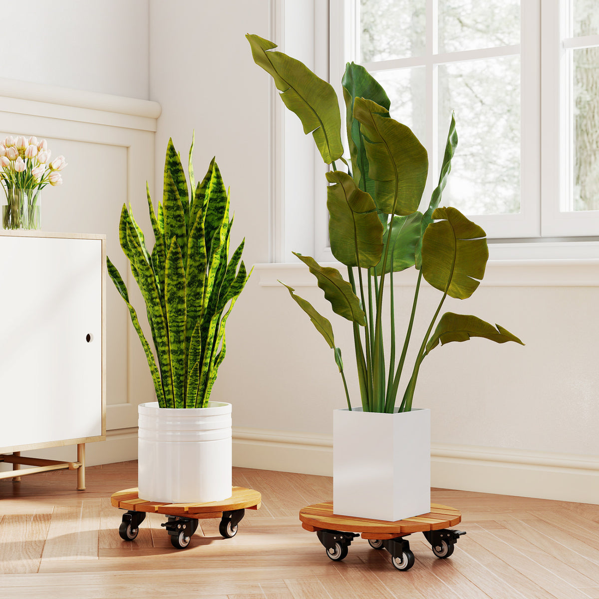 Heavy Duty Acacia Wood Rolling Plant Stand with 360° Lockable Casters-Set of 2