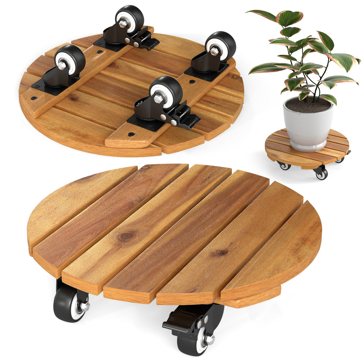 Heavy Duty Acacia Wood Rolling Plant Stand with 360° Lockable Casters-Set of 2