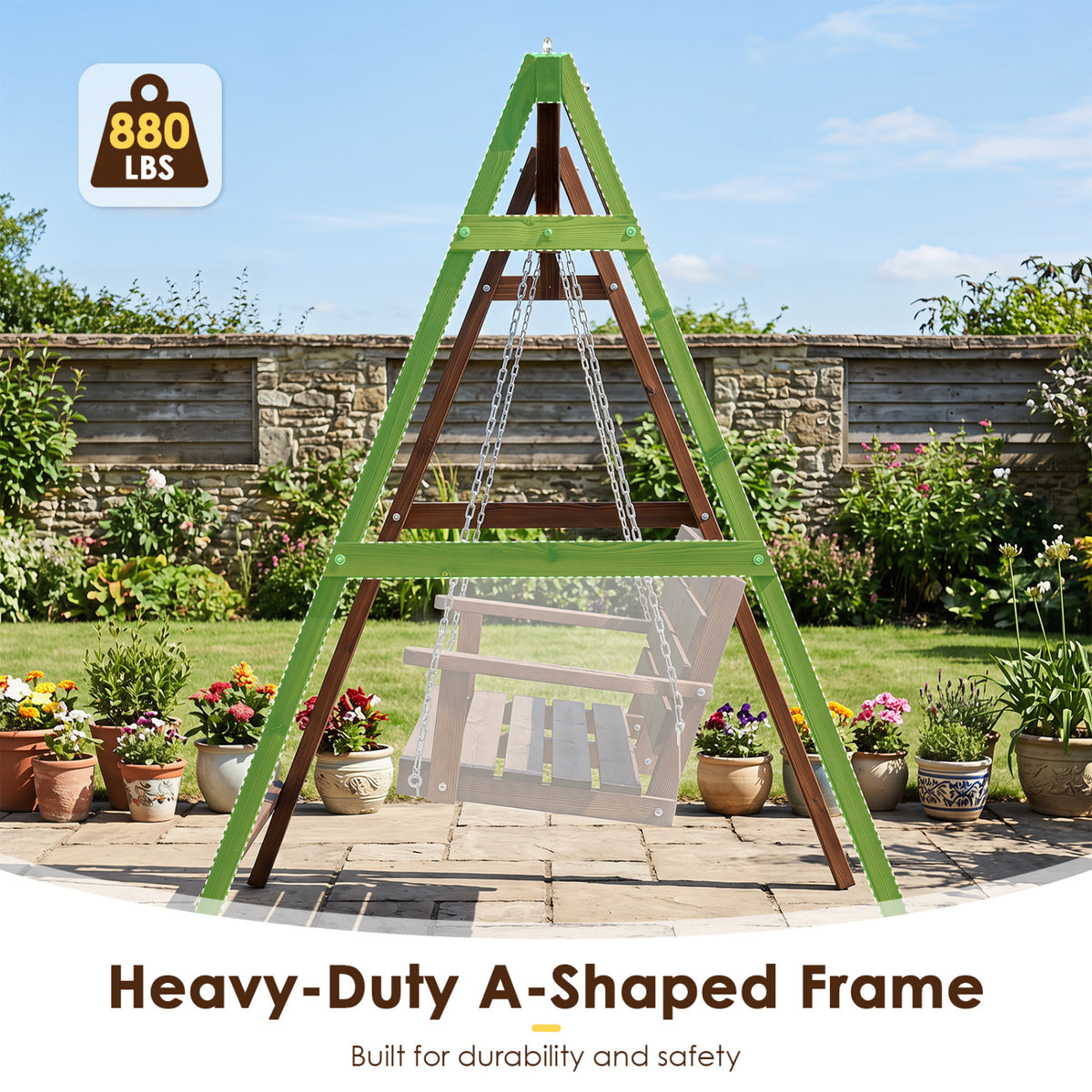 Heavy-Duty Carbonized Fir Wood Swing Frame with Reinforced Bars and 2 Hanging Rings-Brown