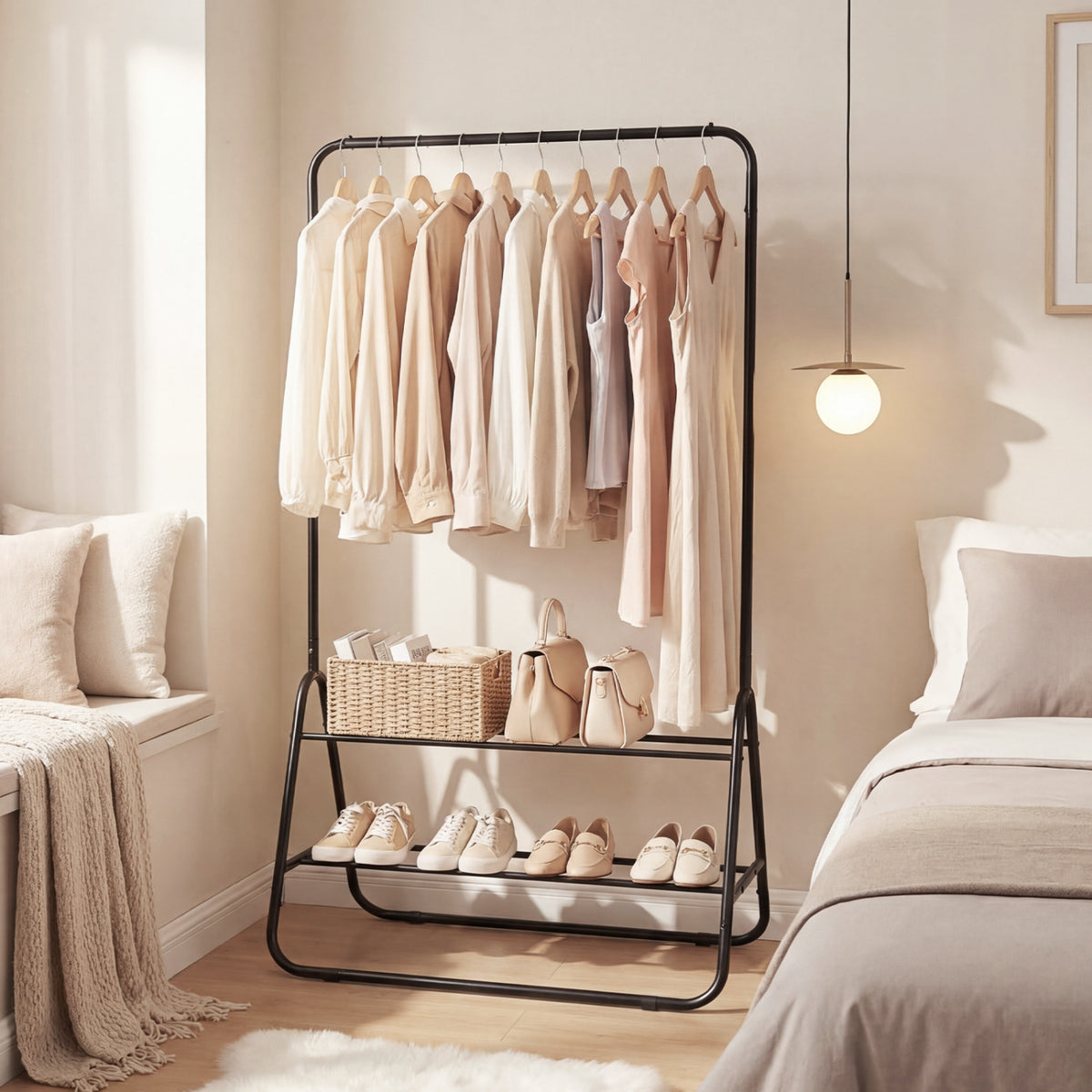 Heavy Duty Clothes Rack with Hanging Rod and Storage Shelves-Black