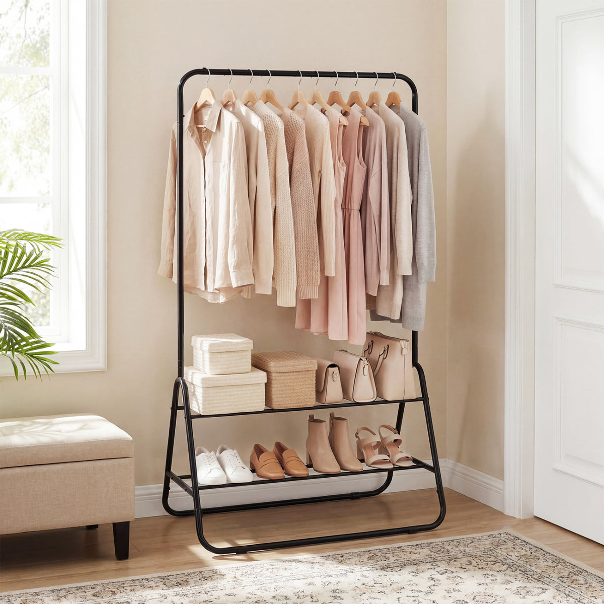 Heavy Duty Clothes Rack with Hanging Rod and Storage Shelves-Black