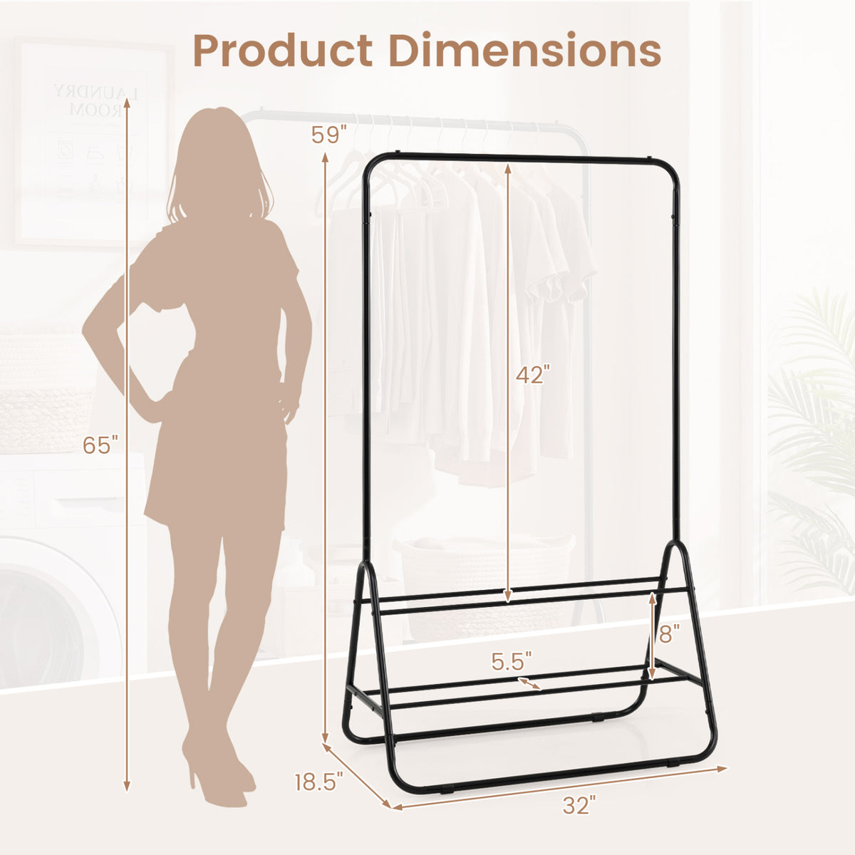 Heavy Duty Clothes Rack with Hanging Rod and Storage Shelves-Black
