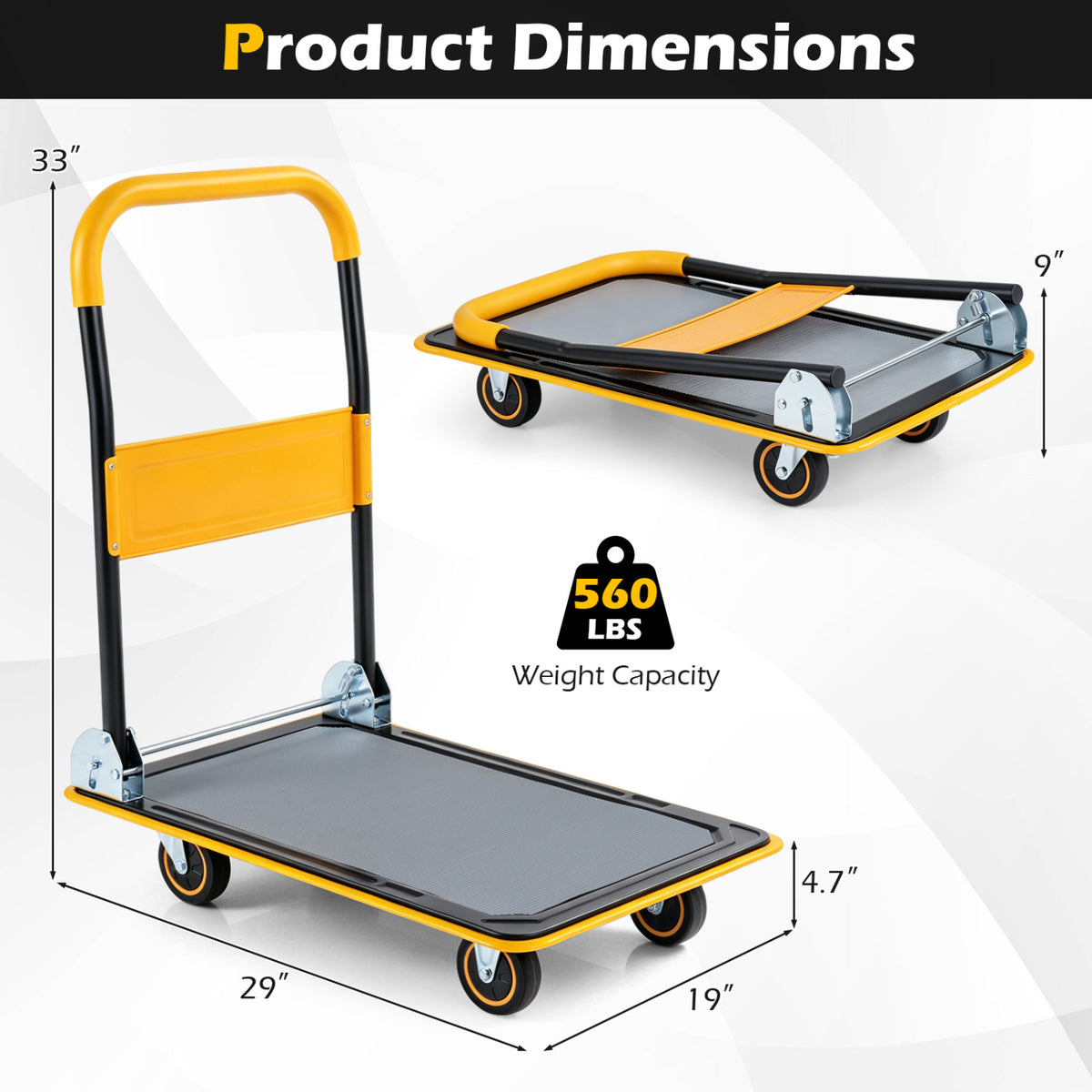 Heavy Duty Foldable Push Cart Dolly with 560 lbs Weight Capacity-Yellow