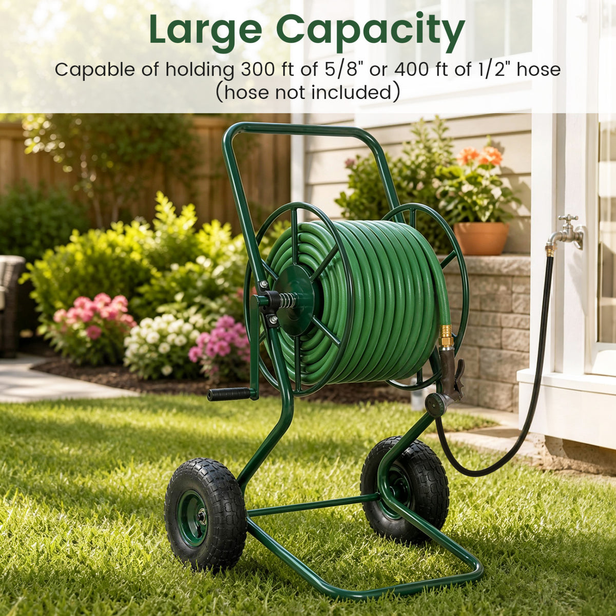 Heavy Duty Garden Hose Reel Cart Holds up to 300 FT of 5/8" Hose-Green