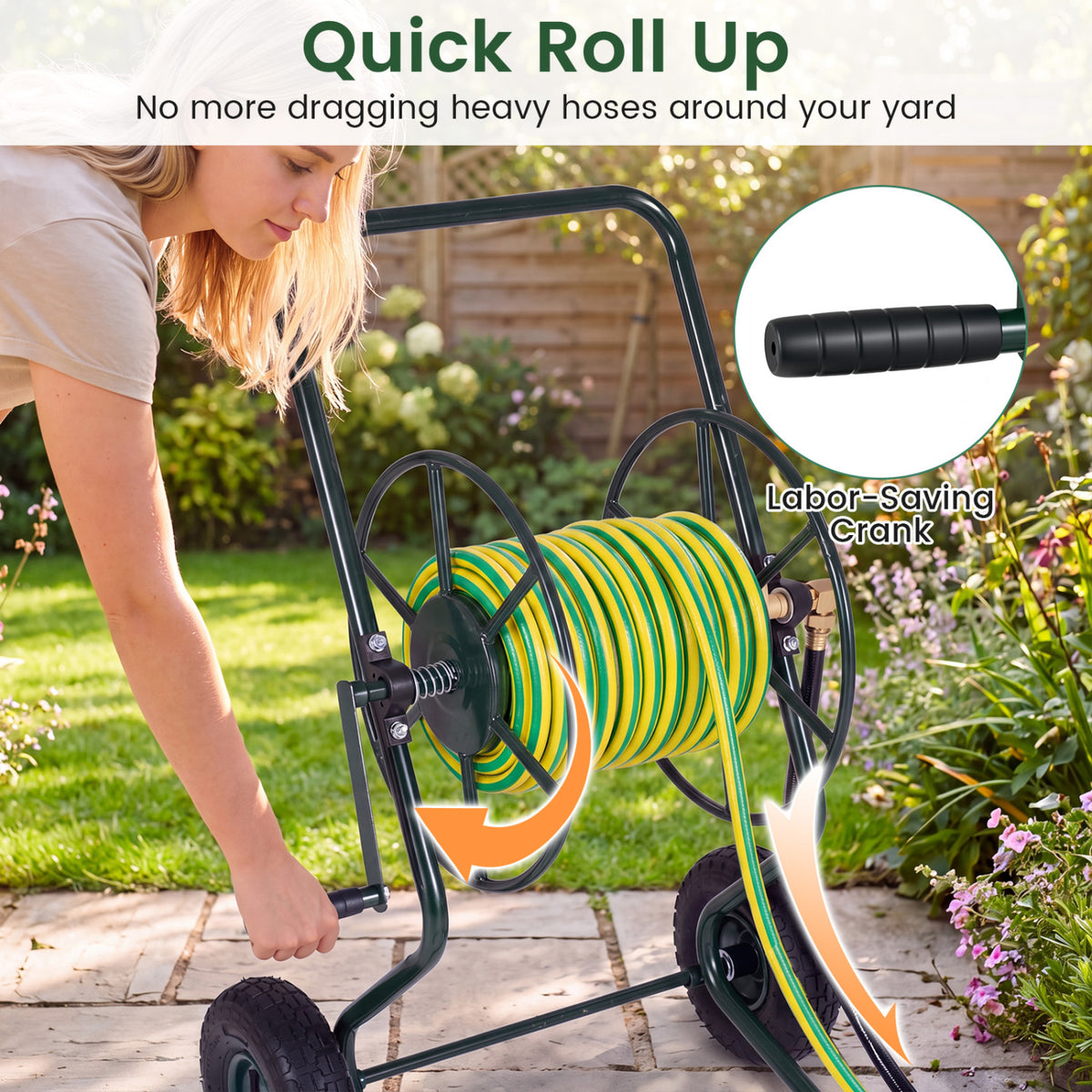 Heavy Duty Garden Hose Reel Cart Holds up to 300 FT of 5/8" Hose-Green