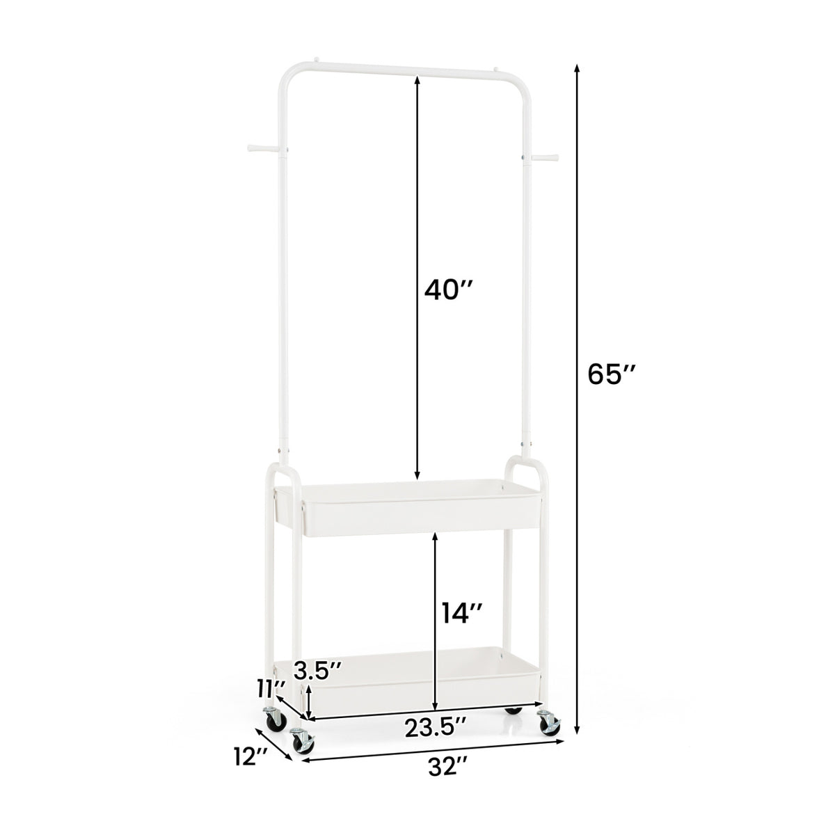 Heavy-Duty Laundry Cart with Hanging Rod and 2 Storage Baskets for Bedroom-White