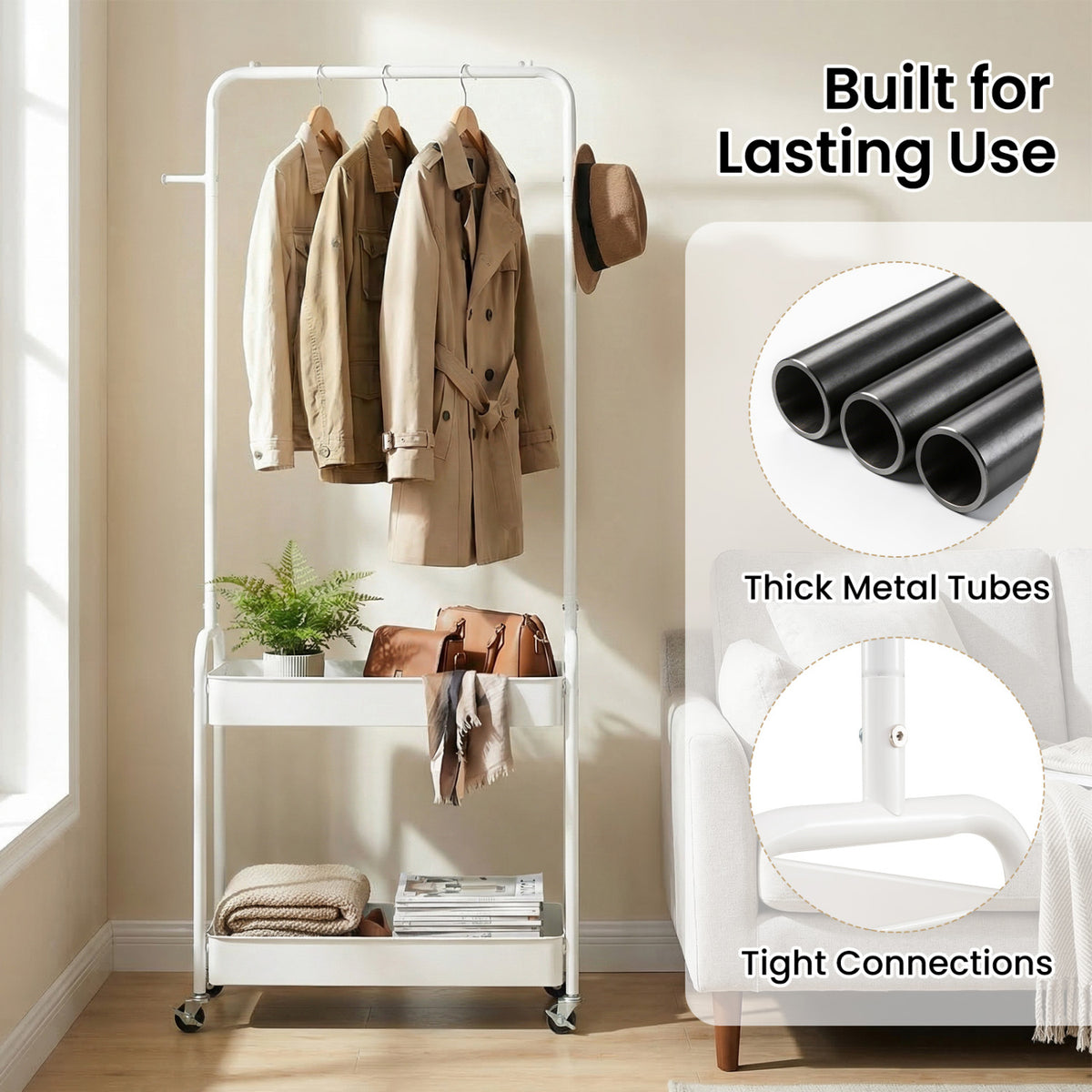 Heavy-Duty Laundry Cart with Hanging Rod and 2 Storage Baskets for Bedroom-White