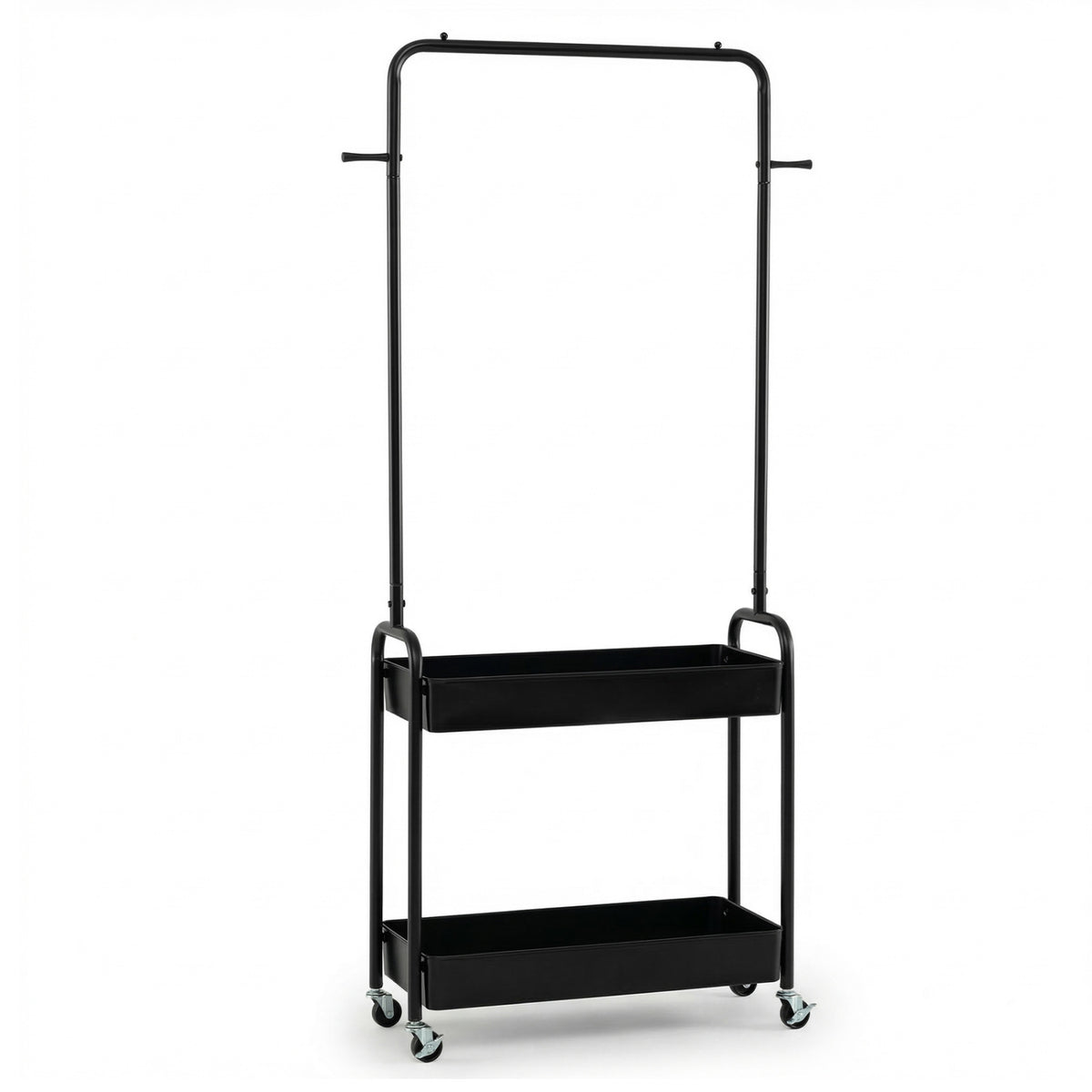 Heavy-Duty Laundry Cart with Hanging Rod and 2 Storage Baskets for Bedroom-Black