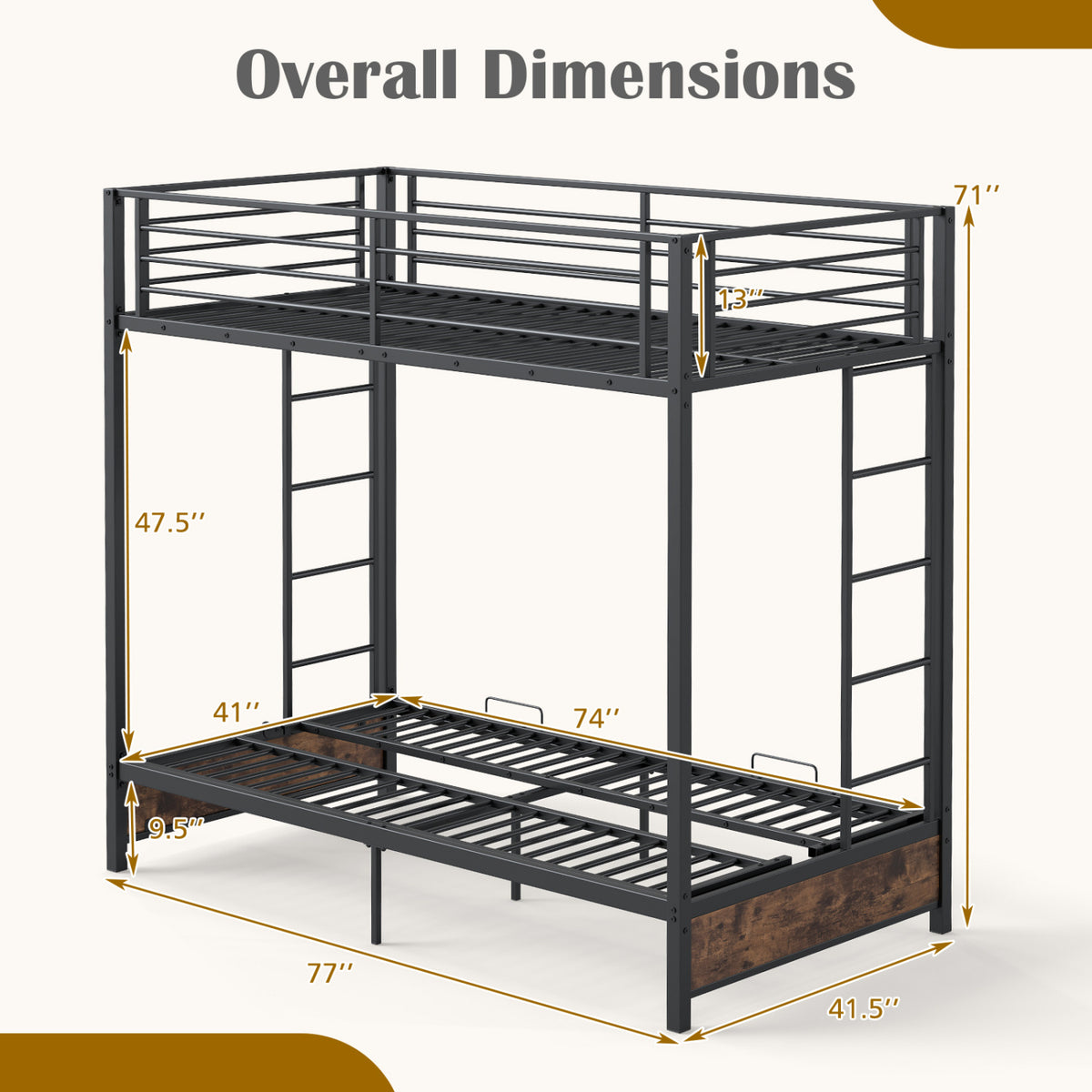 Heavy Duty Metal Bunk Bed Frame with Headboard and Footboard-Rustic Brown