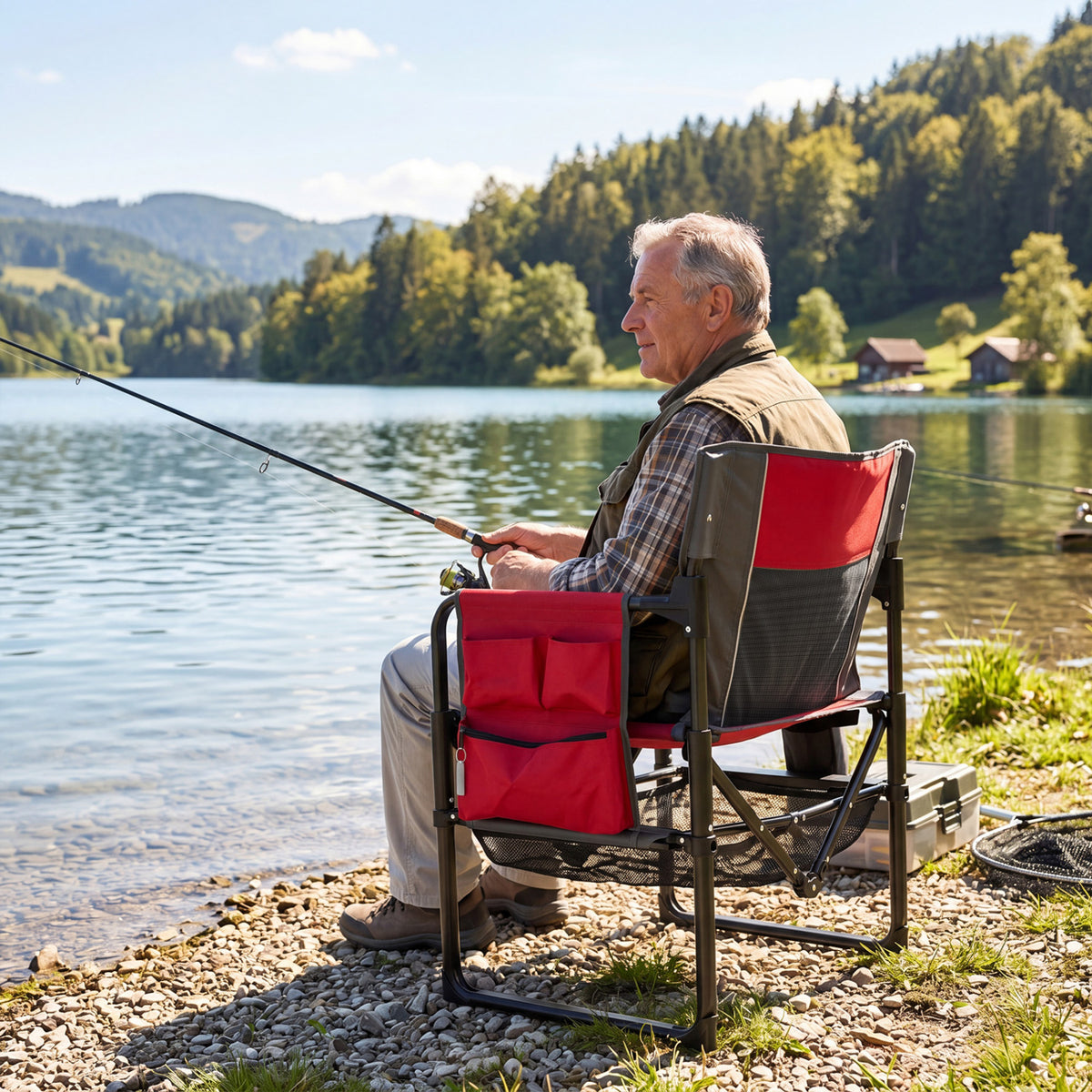 Heavy Duty Outdoor Camping Chair with Cup Holder and Side Pocket-Red
