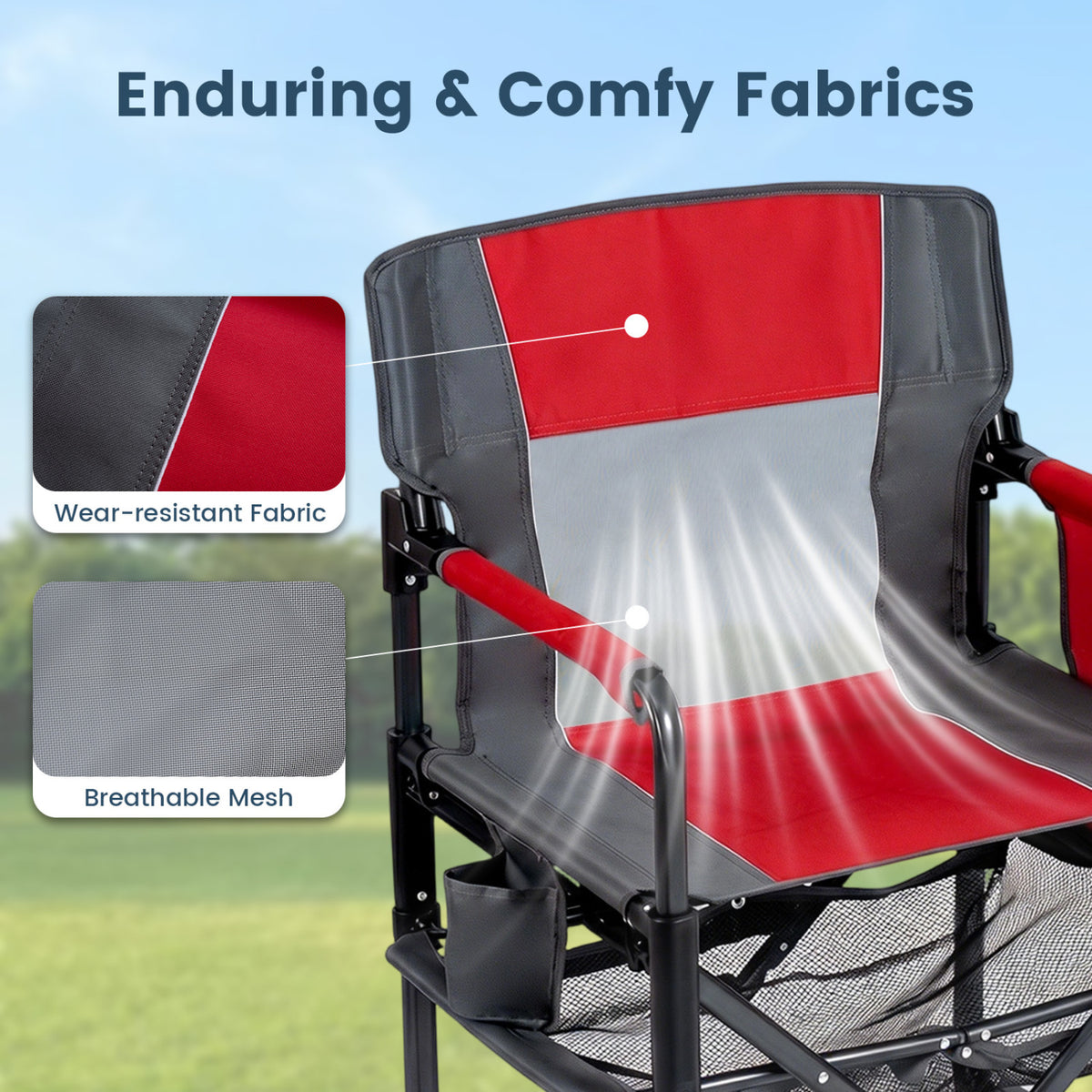 Heavy Duty Outdoor Camping Chair with Cup Holder and Side Pocket-Red