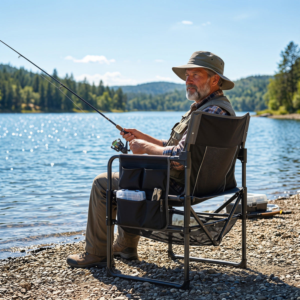 Heavy Duty Outdoor Camping Chair with Cup Holder and Side Pocket-Black