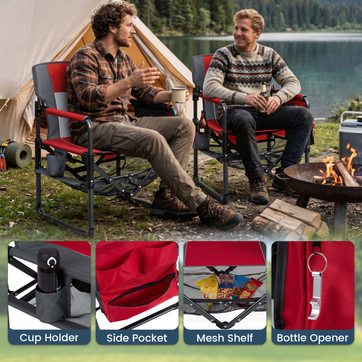 Heavy Duty Outdoor Camping Chair with Cup Holder and Bottle Opener-Red