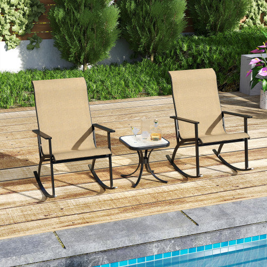 Heavy-Duty Rocking Bistro Chairs and Table Set with High Backrest and Wood-Plastic Tabletop-Brown