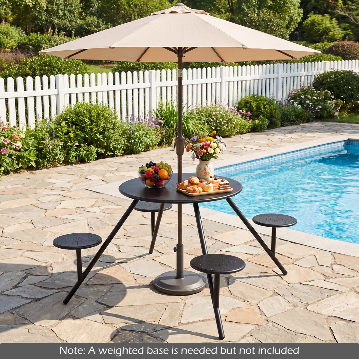 Heavy Duty Round Picnic Table for 4 with Iron Seats & Umbrella Hole-Black