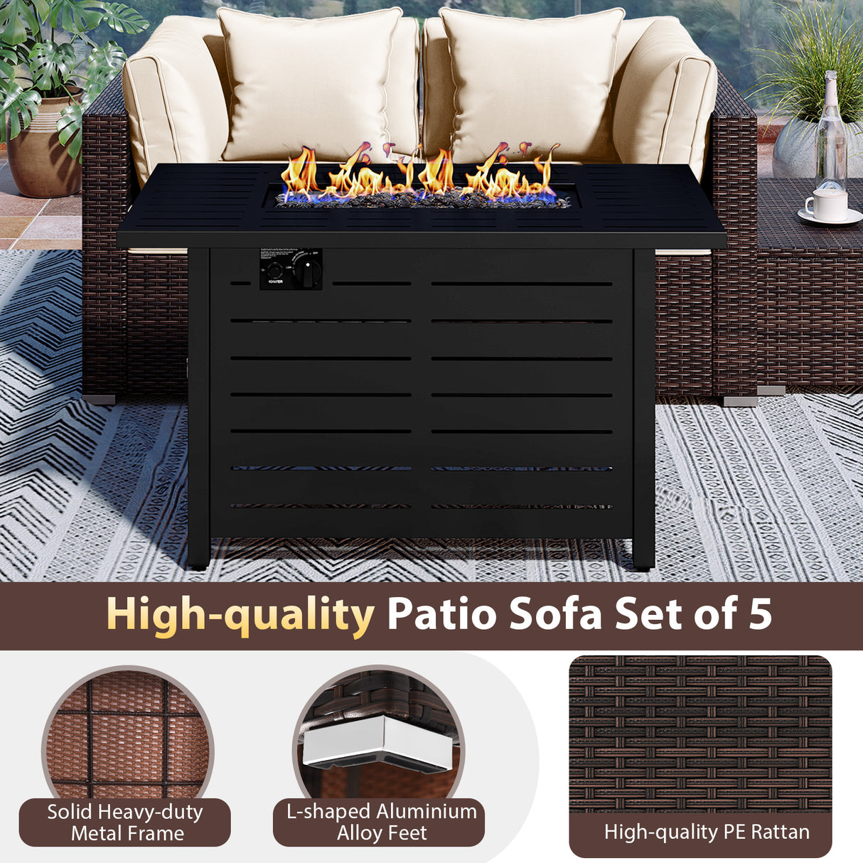 Heavy-duty Frame Rattan Sofa Set with 60000 BTU Firepit Table-Off White