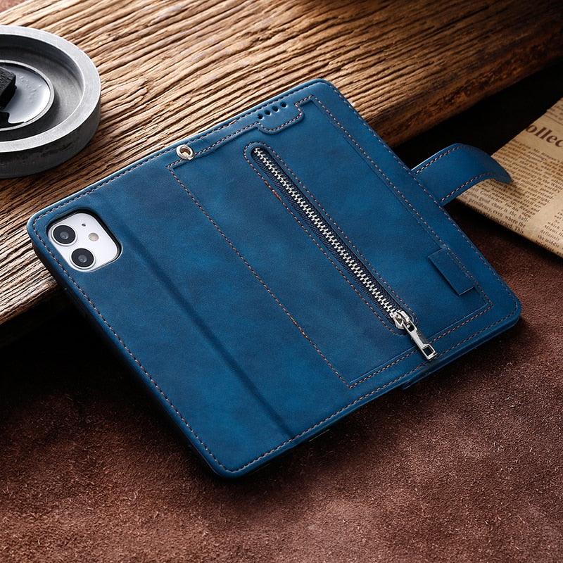 Business Blue New Cards Flip Leather Case For iPhone 14 13 12 11 Pro Max 10 X 6 6s 7 8 Plus XR XS Max Multifunctional Wallet Phone Case Multi-Card Wallet Leather iphone Case