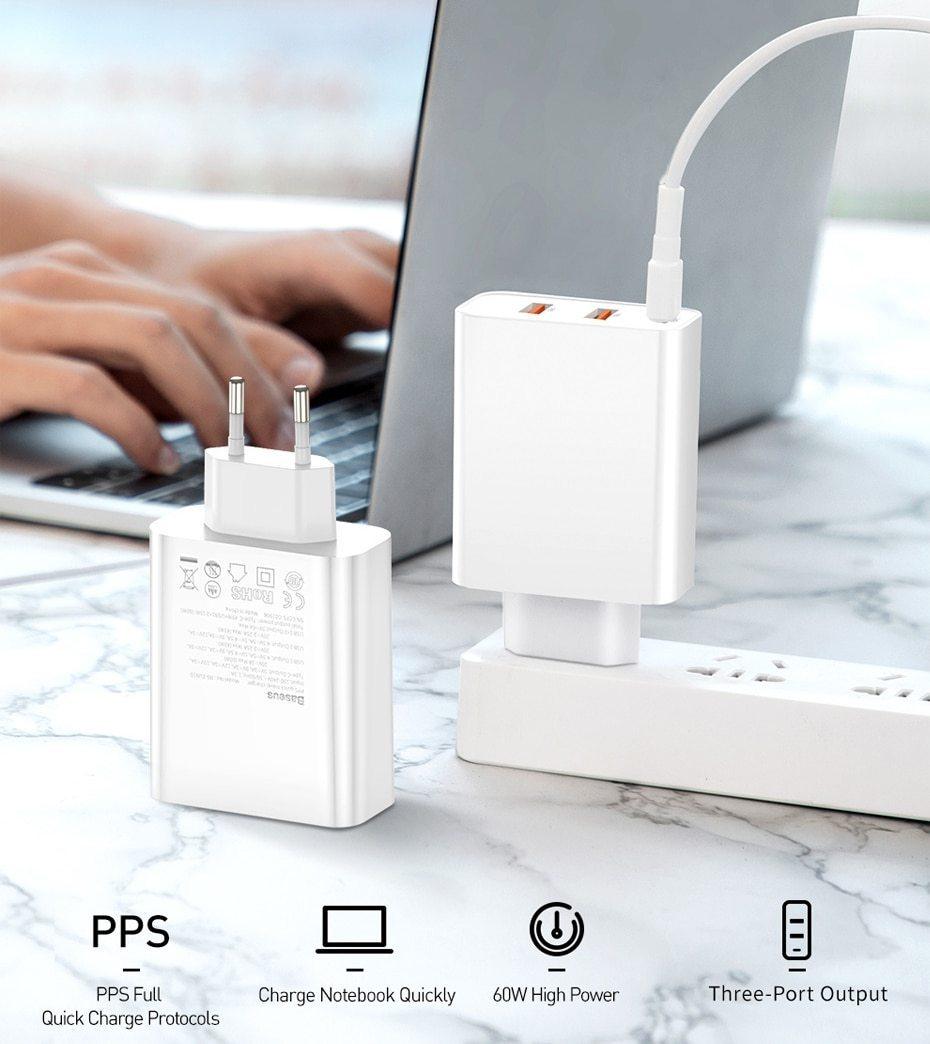3 Ports USB Fast Charger 60W Support Quick Charge Type-C PD Charger QC 4.0 3.0 Phone Charger