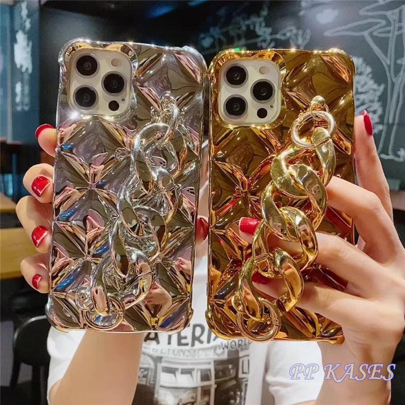 Luxury Gold Plating Electroplated Bracelet Cute Compatible with iPhone Diamond Case Luxury Sparkle Glitter Rhinestone Phone Case For iPhone 14 13 Promax 11 12 Pro Max Mini Xs Max XR 8 7 Plus Mirror Cover