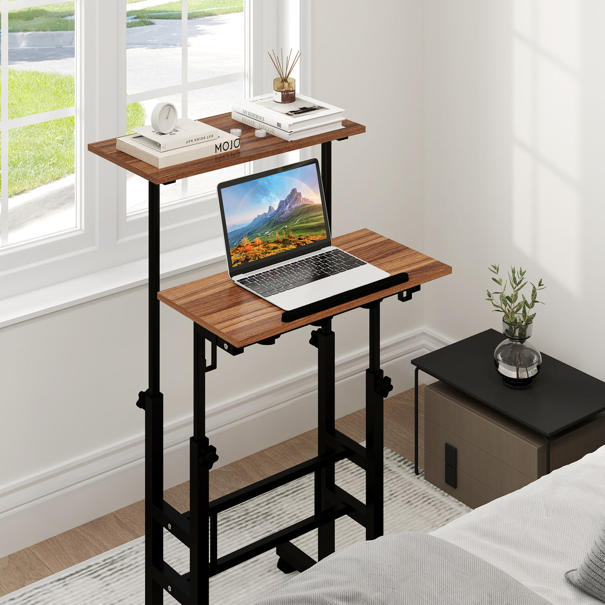 Height-adjustable Mobile Standing Desk with Split Top and Adjustable Angle-Natural
