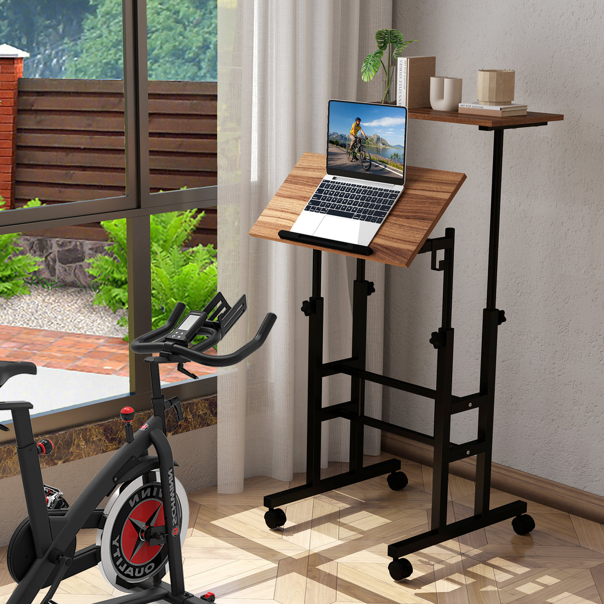 Height-adjustable Mobile Standing Desk with Split Top and Adjustable Angle-Walnut