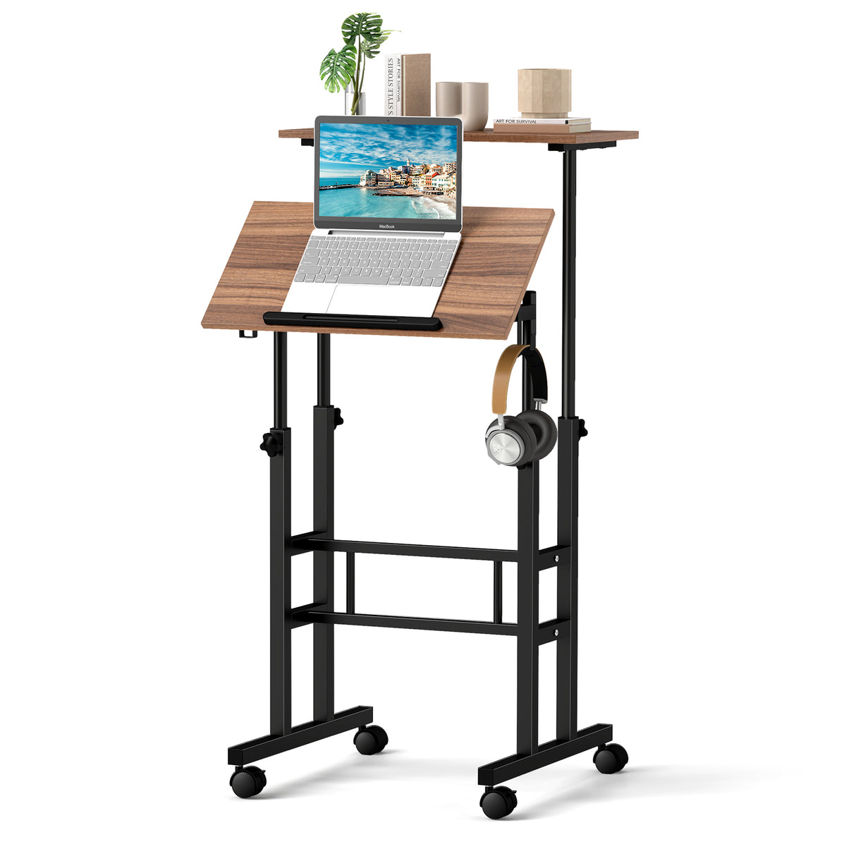 Height-adjustable Mobile Standing Desk with Split Top and Adjustable Angle-Natural