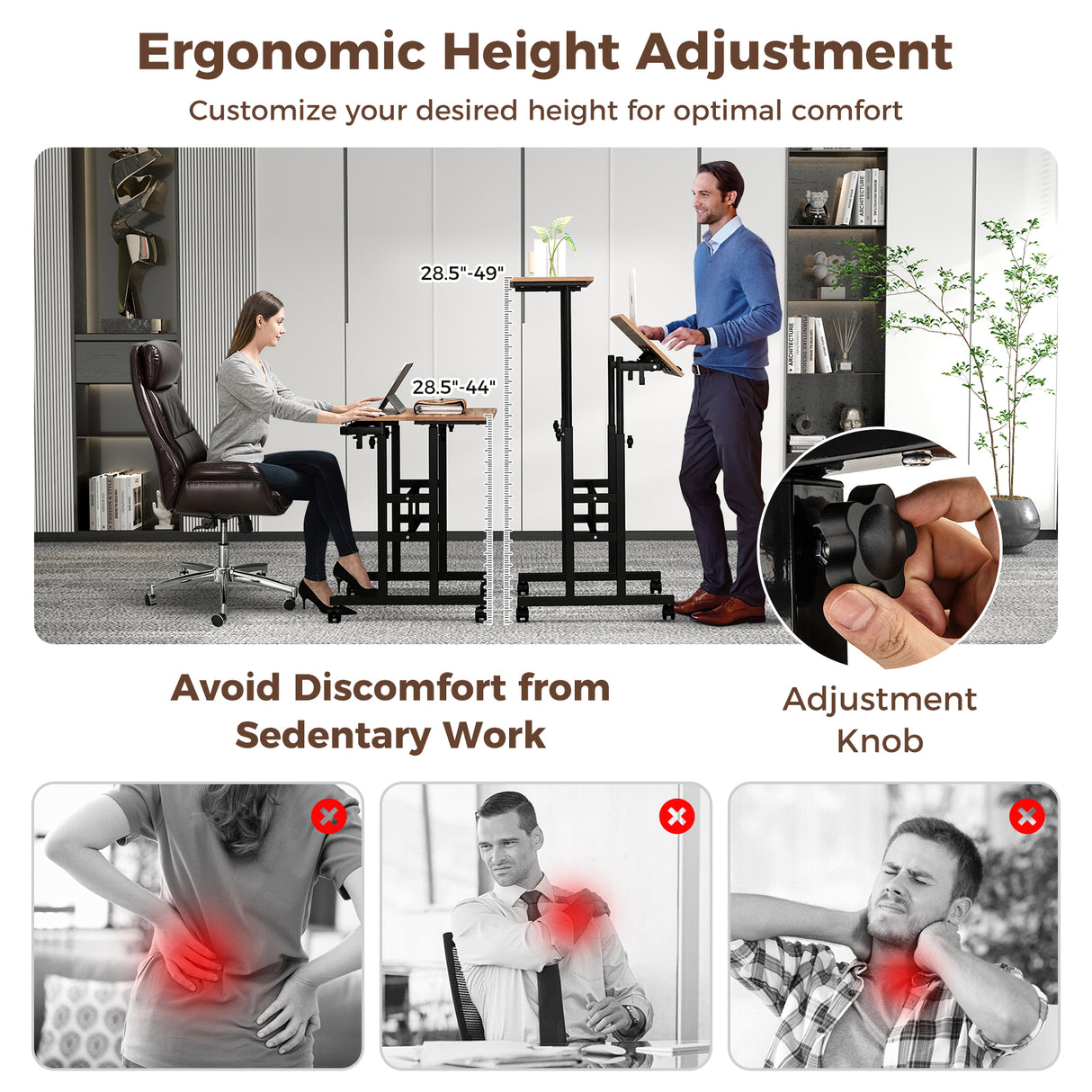 Height-adjustable Mobile Standing Desk with Split Top and Adjustable Angle-Walnut