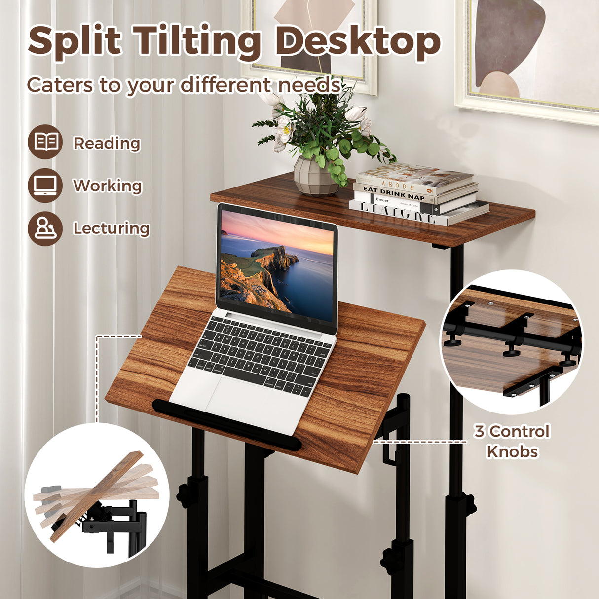 Height-adjustable Mobile Standing Desk with Split Top and Adjustable Angle-Natural