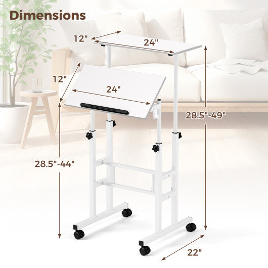 Mobile Standing Desk Height-Adjustable Laptop Cart with Split Top and Hanging Hooks-White