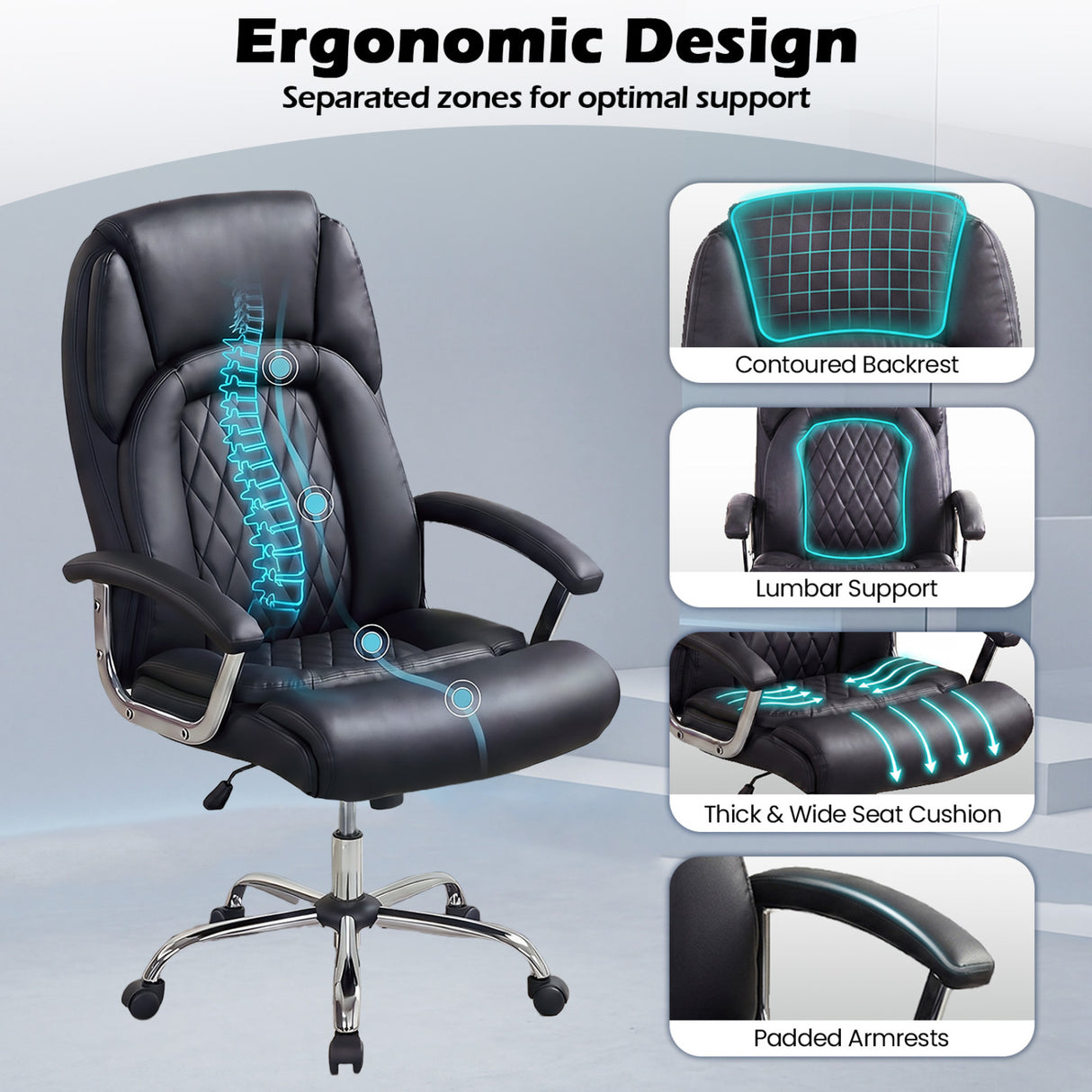Height Adjustable Big and Tall Office Chair Computer Desk Chair with Metal Base-Black
