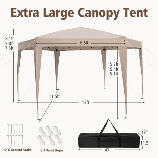 13 x 11.5 FT Hexagonal Pop-Up Height Adjustable Canopy Tent with Dressed Legs-Khaki
