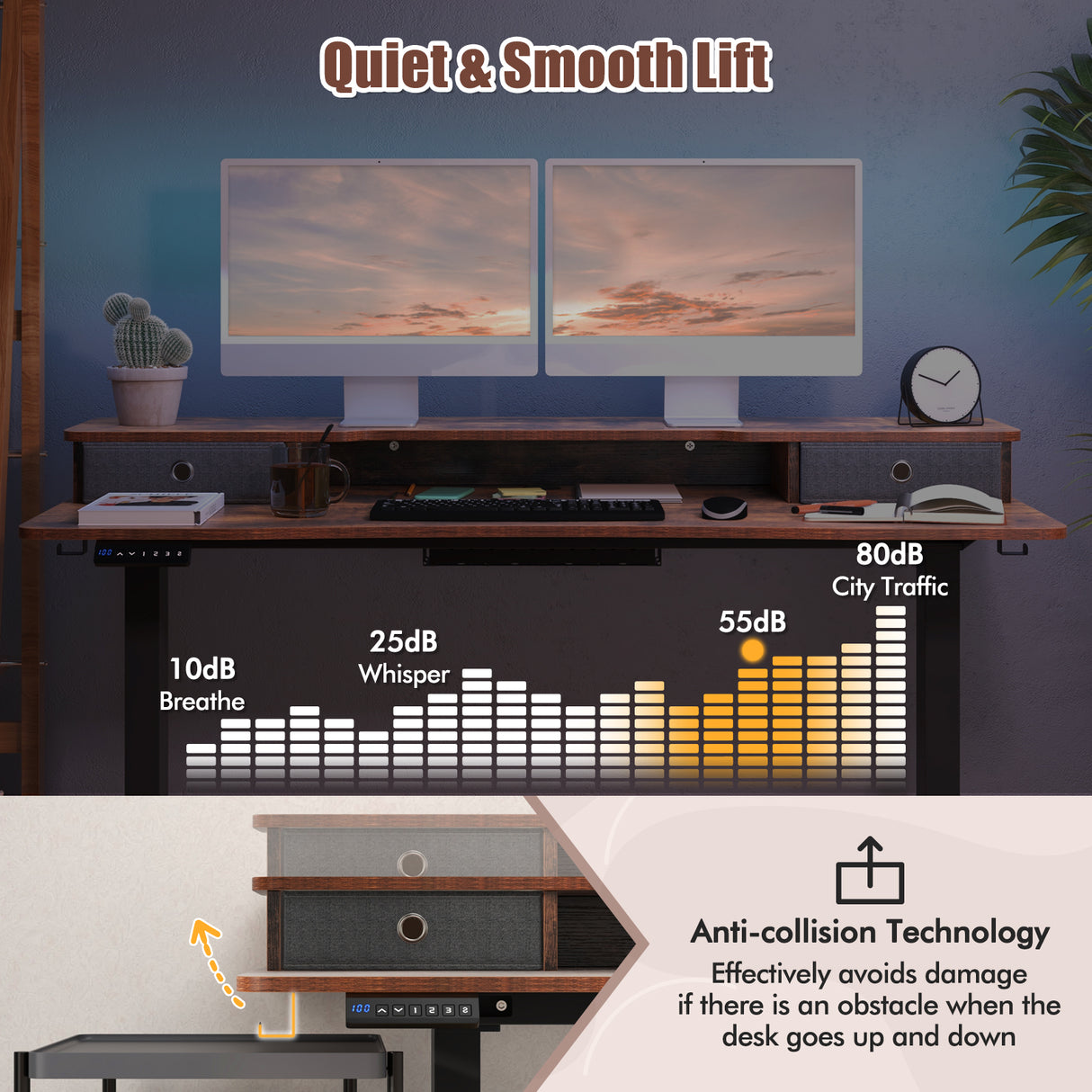 55 Inch x 24 Inch Height Adjustable Electric Standing Desk with 2 Drawers-Brown