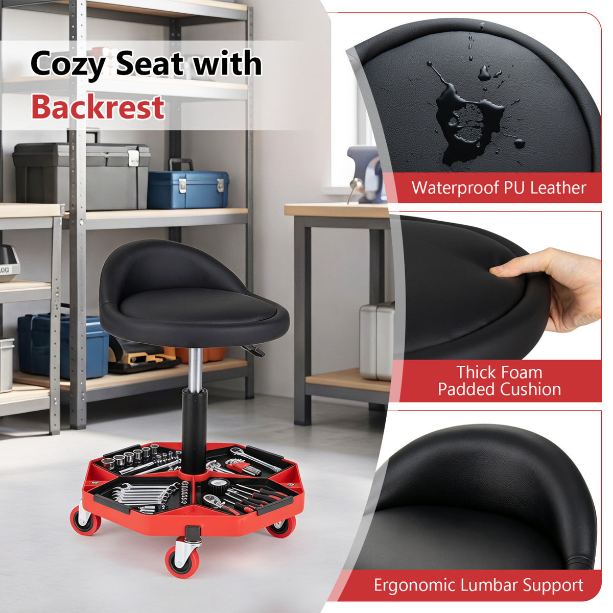 Height Adjustable Garage Seat with and PU Leather Seat Cushion-Blackred