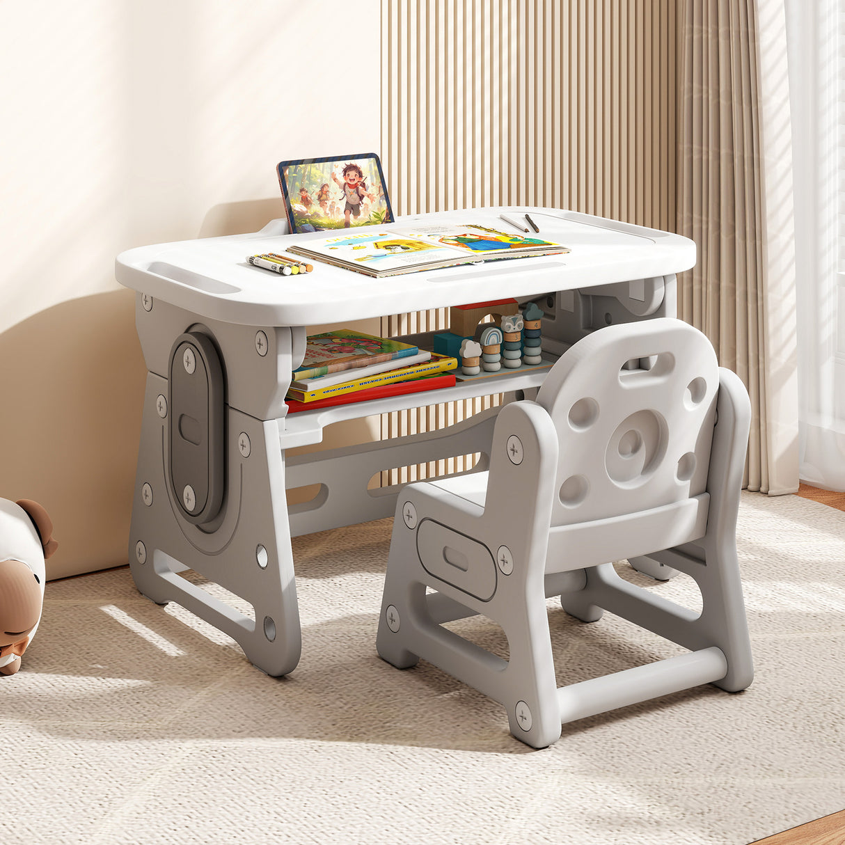 Height Adjustable Kids Table and Chair Set with Tiltable Whiteboard and Concave Shelf-Gray