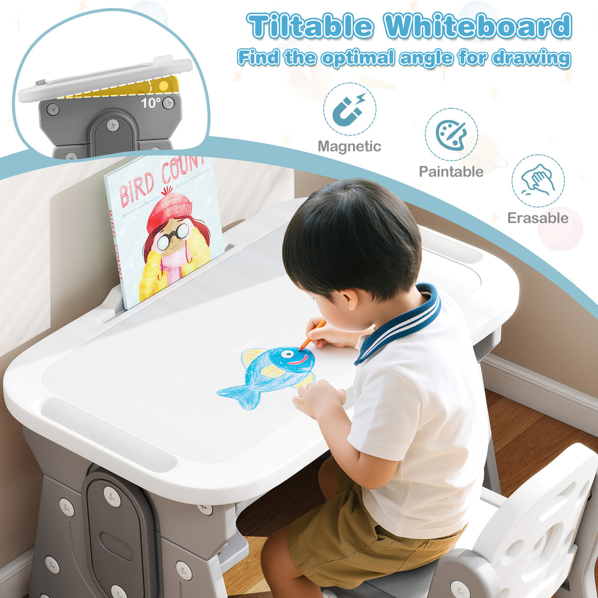 Height Adjustable Kids Table and Chair Set with Tiltable Whiteboard and Concave Shelf-Gray