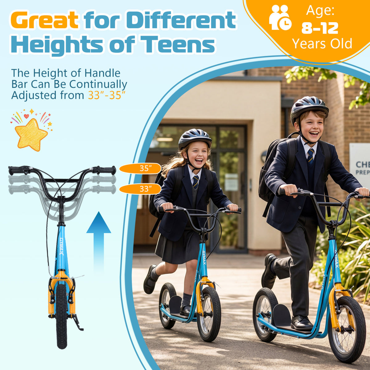 Height Adjustable Kid Kick Scooter with 12 Inch Air Filled Wheel-Blue