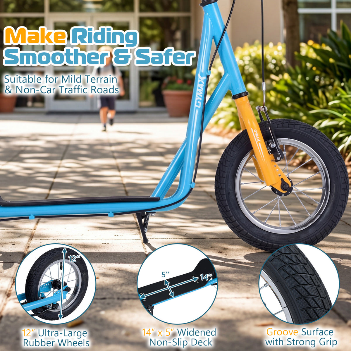 Height Adjustable Kid Kick Scooter with 12 Inch Air Filled Wheel-Blue