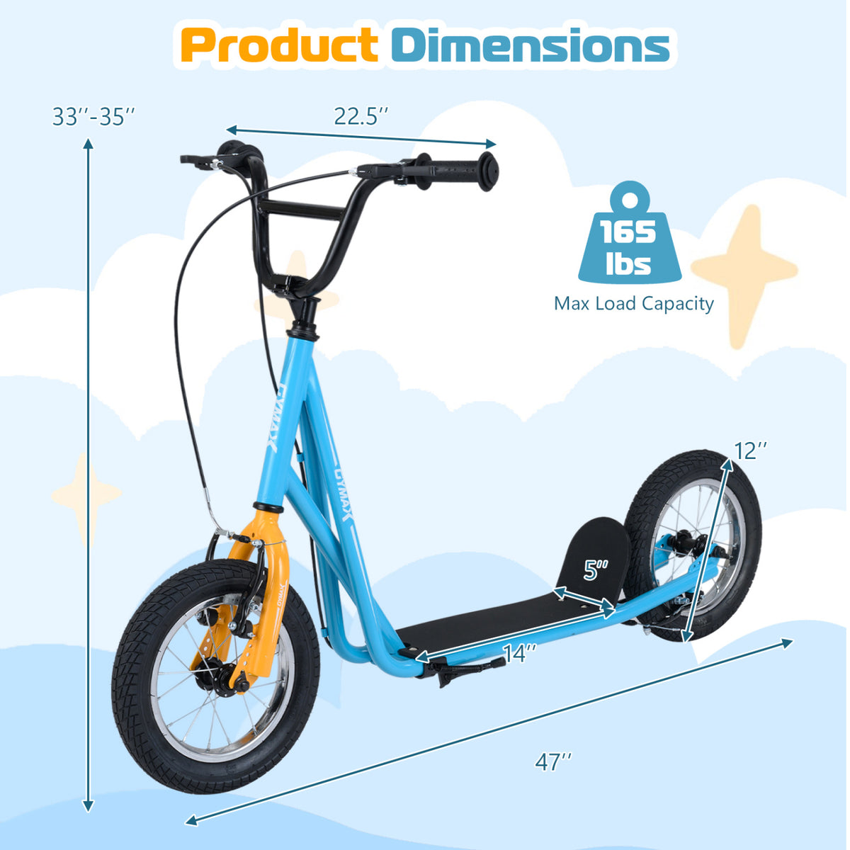 Height Adjustable Kid Kick Scooter with 12 Inch Air Filled Wheel-Blue
