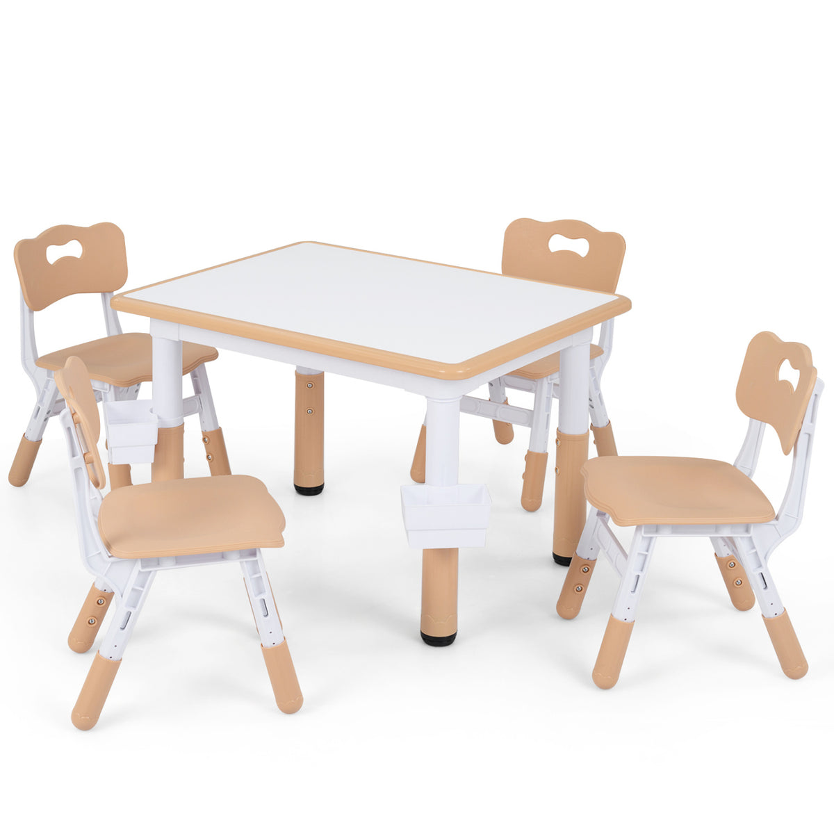 Height Adjustable Kids Table and 4 Chairs Set with Graffiti Desktop and 2 Storage Baskets-Natrual