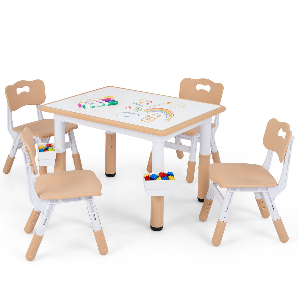 Height Adjustable Kids Table and 4 Chairs Set with Graffiti Desktop and 2 Storage Baskets-Natrual