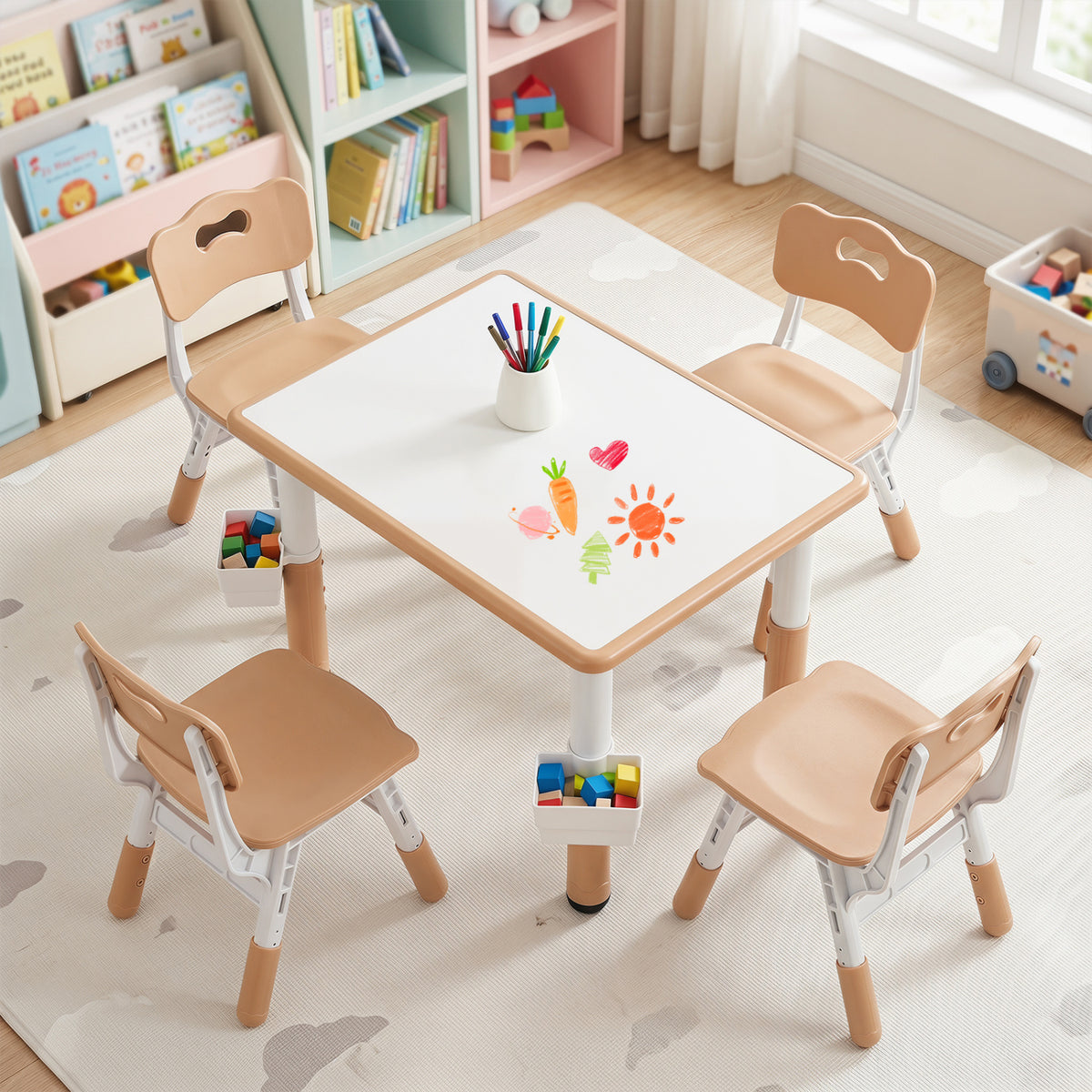 Height Adjustable Kids Table and 4 Chairs Set with Graffiti Desktop and 2 Storage Baskets-Natrual