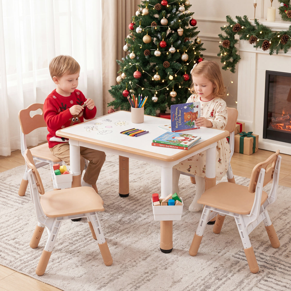 Height Adjustable Kids Table and 4 Chairs Set with Graffiti Desktop and 2 Storage Baskets-Natrual