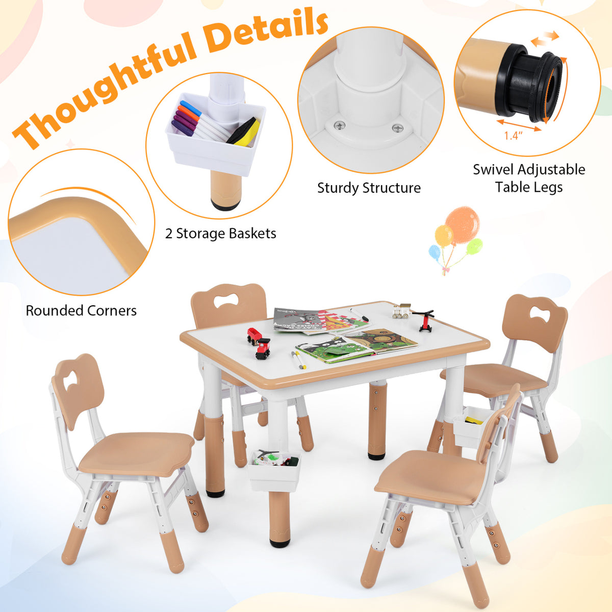 Height Adjustable Kids Table and 4 Chairs Set with Graffiti Desktop and 2 Storage Baskets-Natrual